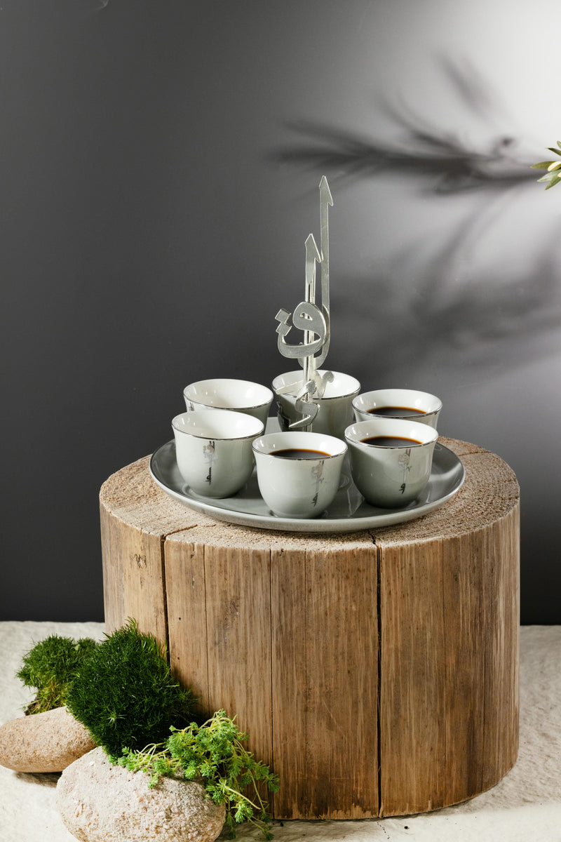 6 Arabic Coffee Cups With Stand And Handle From Liqaa -  Grey + Silver MS Department Store Oman