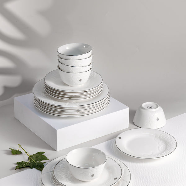 Dinner Set 18 Pc From Naqsh -  White + Silver