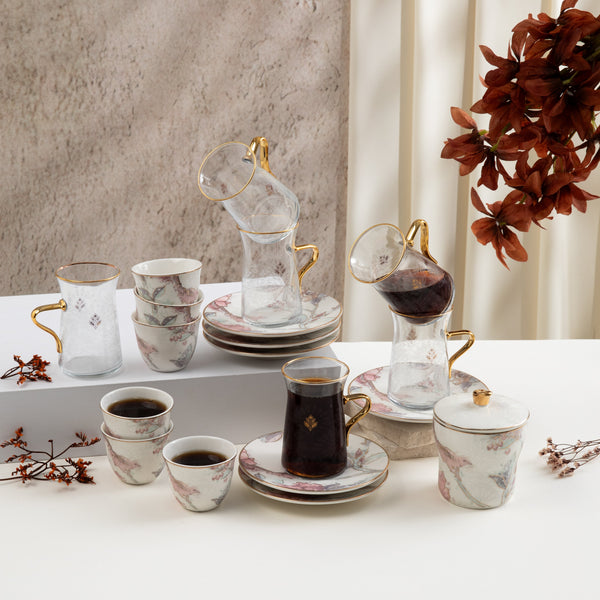 Tea And Arabic Coffee Set 19 pcs From Khuzama - Red + Gold