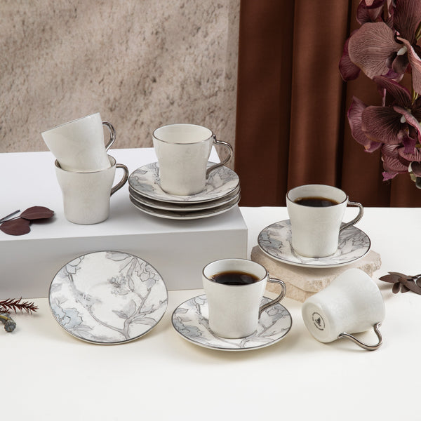 Porcelain Turkish Coffee Set 12 Pcs From Khuzama - Grey + Silver