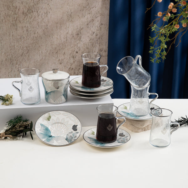 طقم استكانات الشاي 13 قطعة من فيلورا  - أزرق وفضي