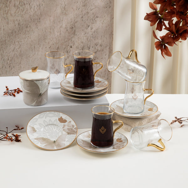 طقم استكانات الشاي 13 قطعة من فيلورا  - بني و ذهبي