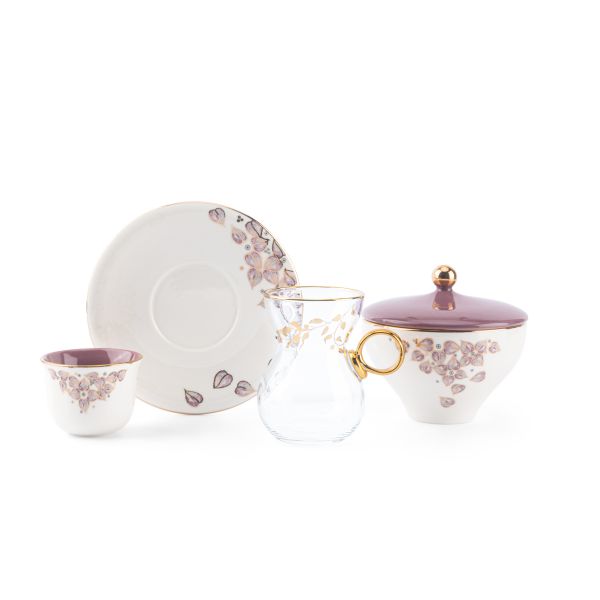 19pcs tea set ( 6 glass 6saucer 6 cawa 1 sugor) - purple w gold   